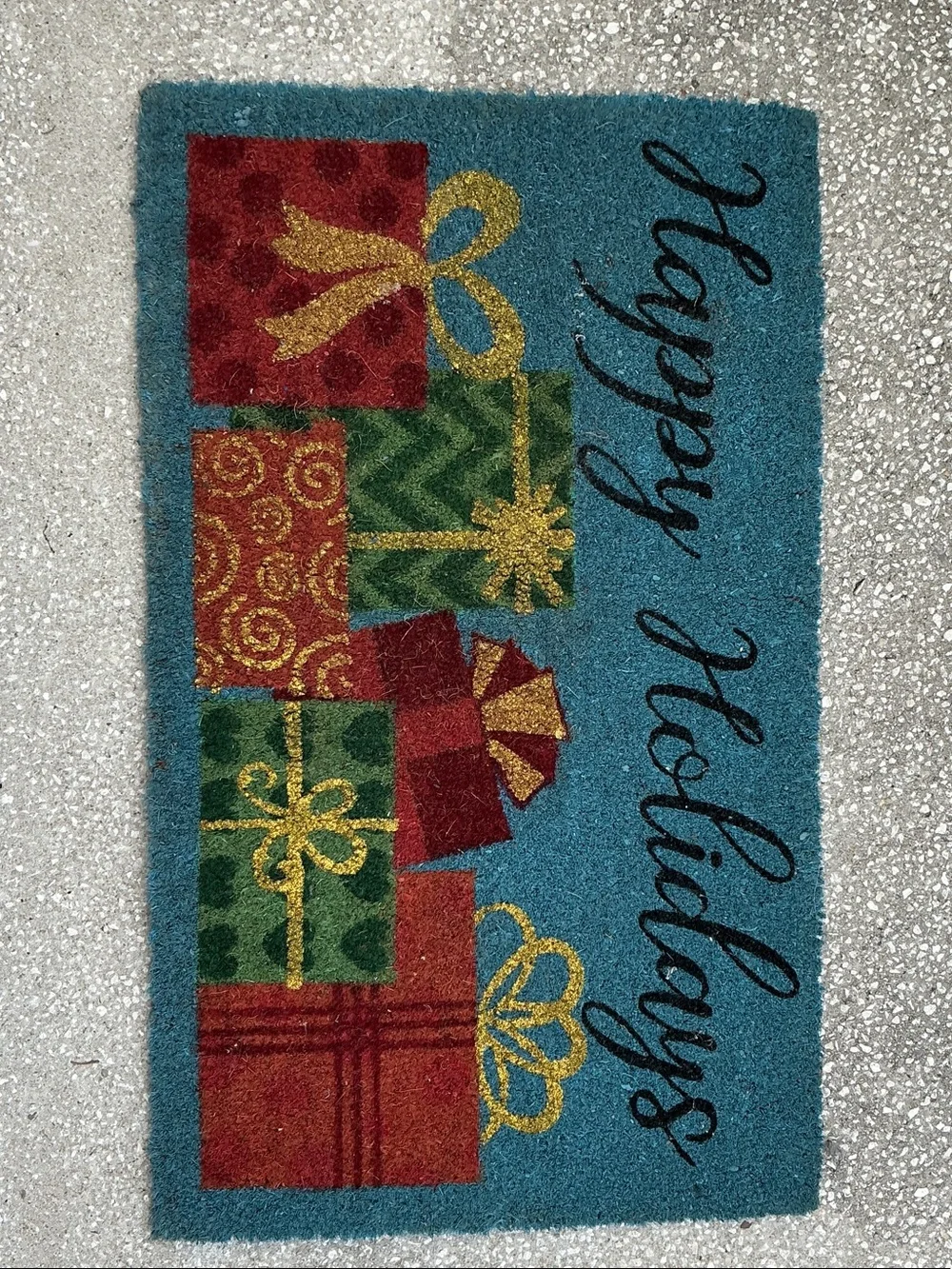 Happy Holidays vibrant blue door mat